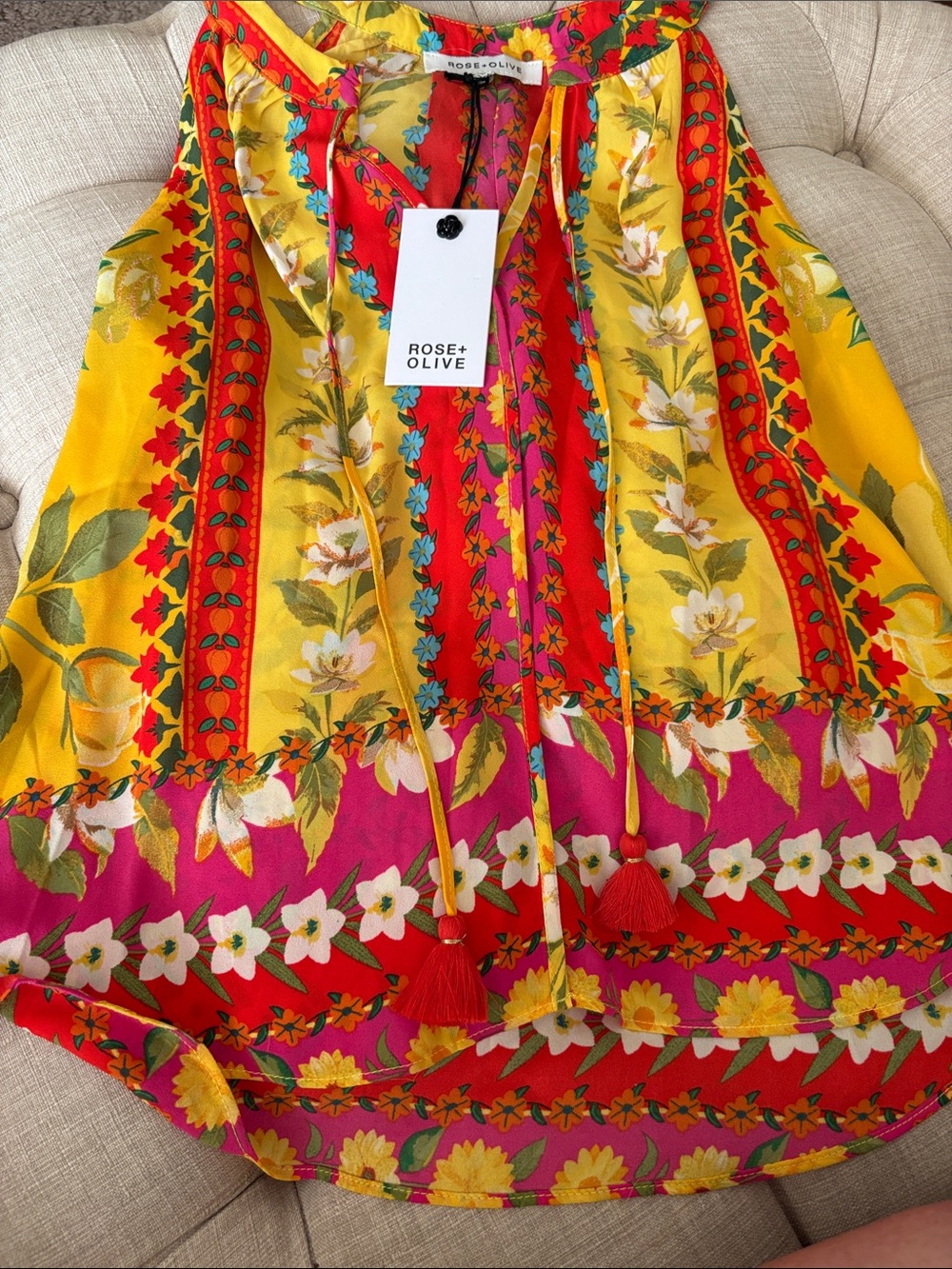 Rose & Olive Vibrant Yellow & Pink Floral Tassel Peasant Top
